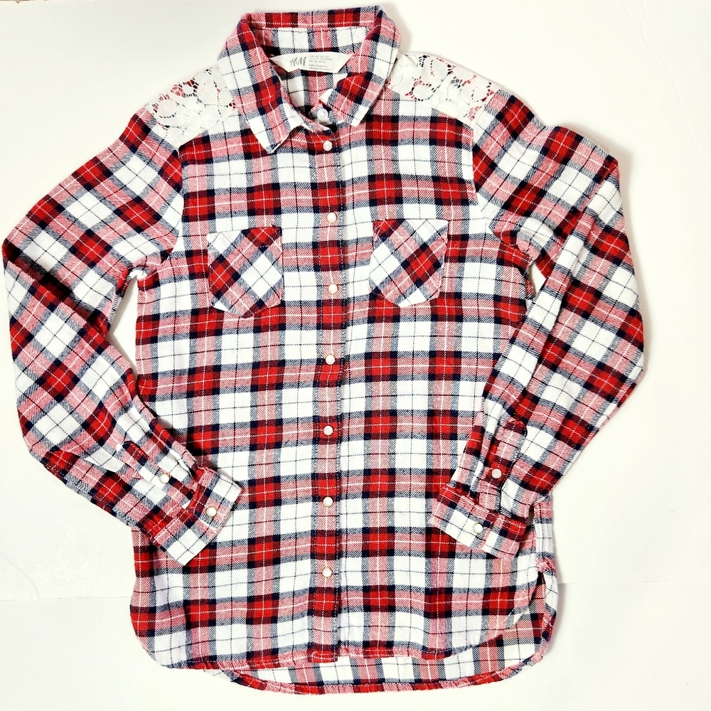 🩷H&M Girl's Red Plaid Button Down Blouse Size: 7-8Y